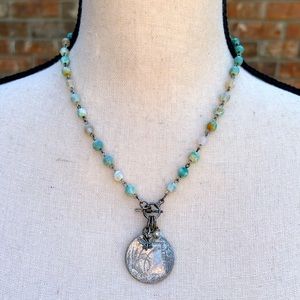 Handcrafted Turquoise Bead Necklace with Silver Coin Pendant